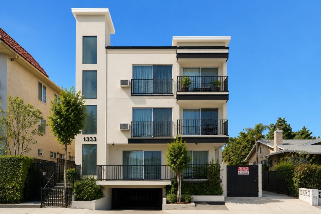 Contemporary multi-family residential building with balconies and modern facade.