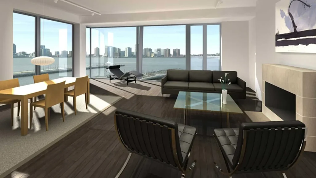 Luxury modern apartment interior with open-concept living and dining area.