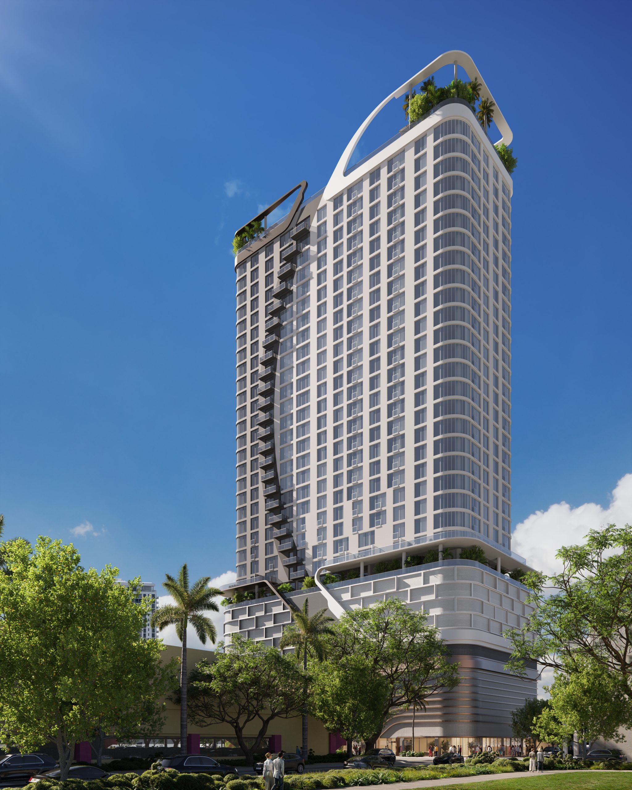 Contemporary high-rise residential tower with elegant architecture, landscaped surroundings, and a prominent urban presence.