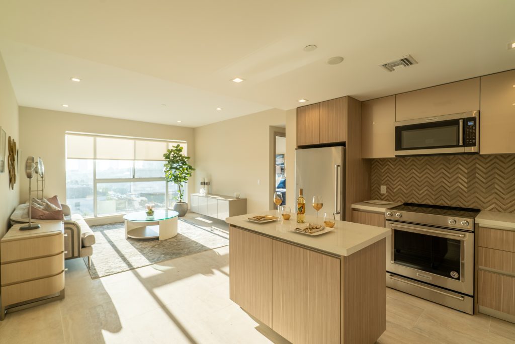 Luxury apartment kitchen and living space with open-concept modern interior design.