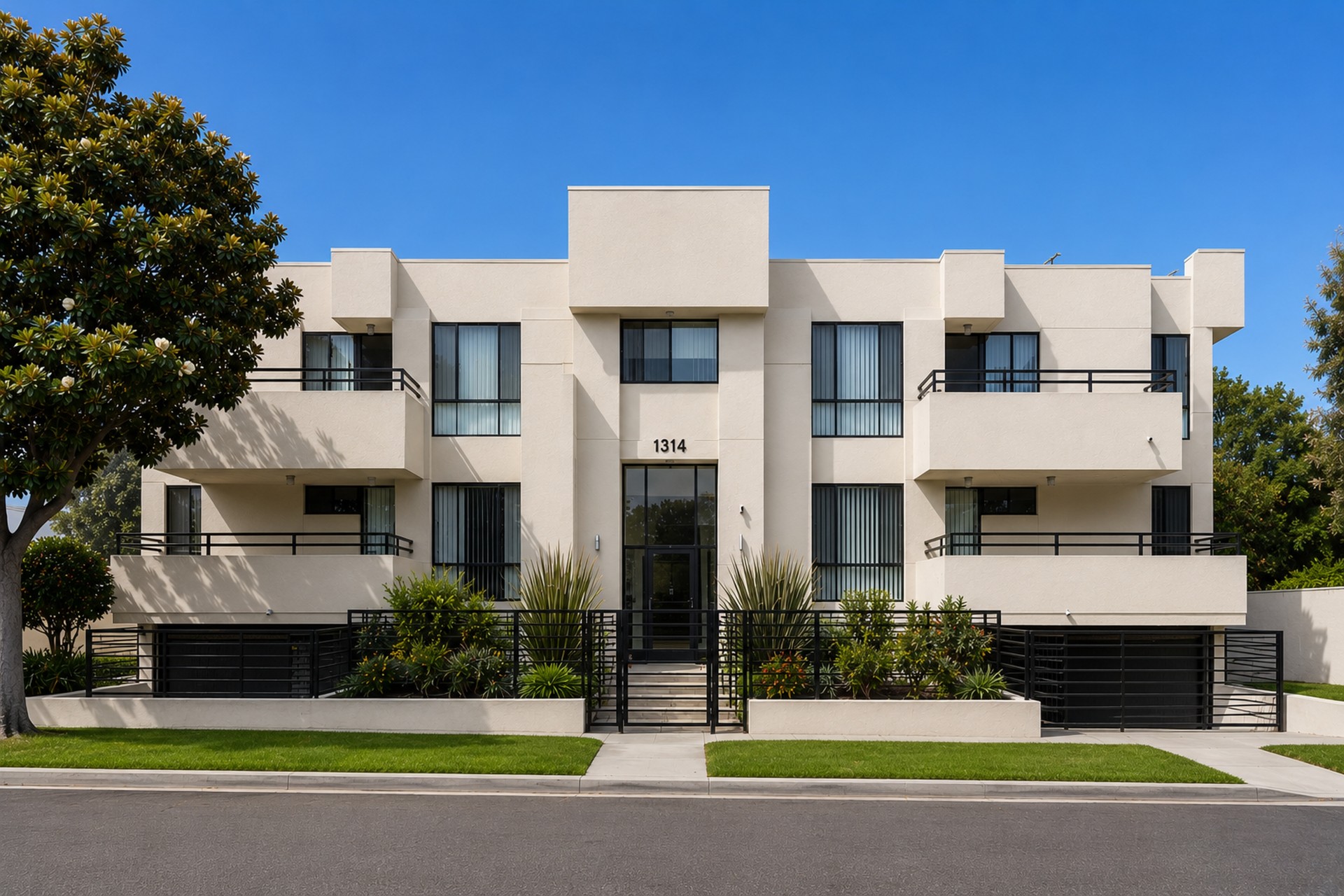 Modern townhouse-style multifamily homes with minimalist architectural design.